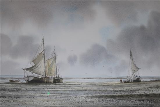 Alan Whitehead, watercolour, Loading gravel barges, 24 x 35 cms